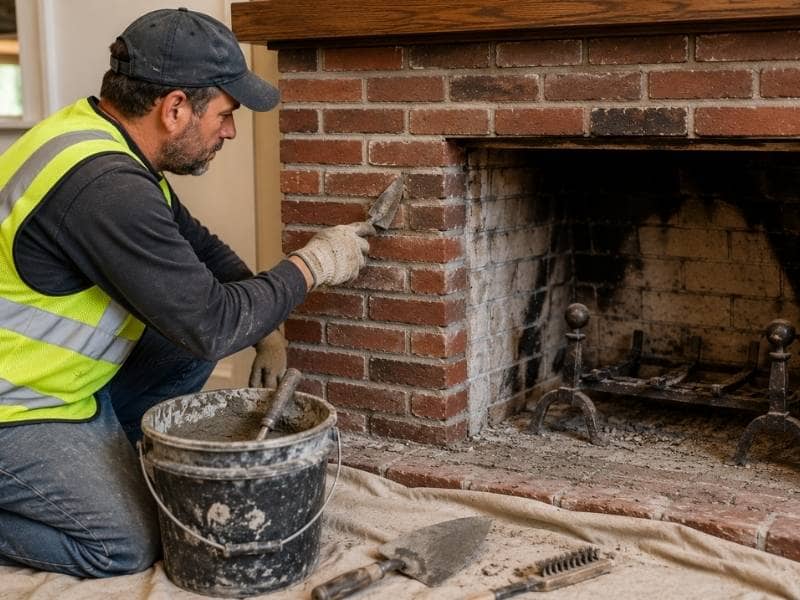Professional mason wearing a safety vest performing brick fireplace repair by repointing mortar joints on a residential brick fireplace.