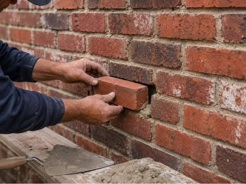 Brickmason replacing a damaged brick while matching new brick and mortar with an existing brick wall for a seamless masonry repair.

