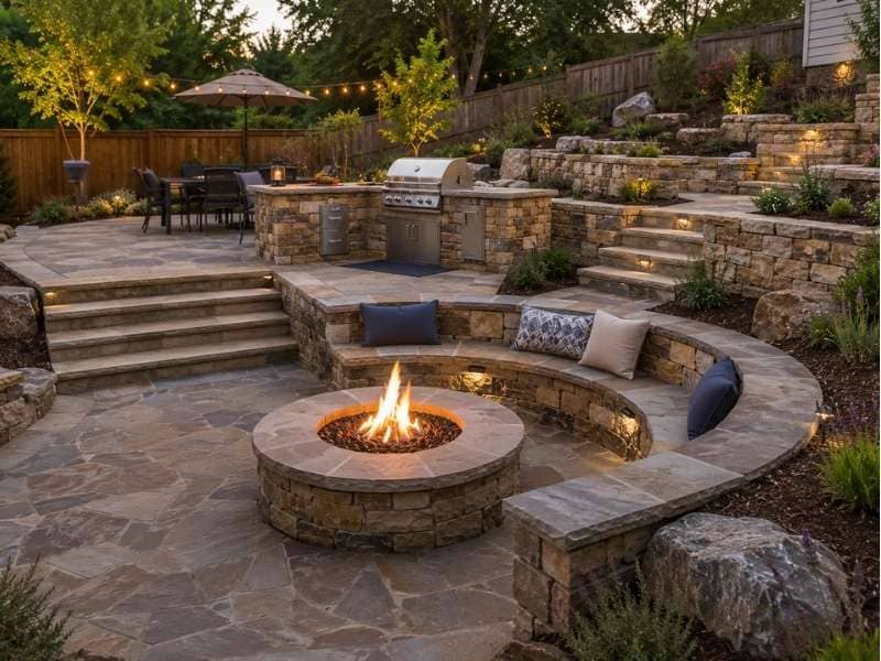 Stone mason creating a functional outdoor space with natural stone retaining walls, fire pit, outdoor kitchen, steps, and patio in a backyard.

