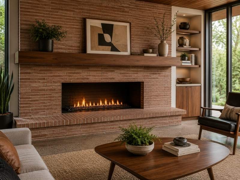 Brick hearth details featuring a modern Roman brick fireplace with a floating walnut mantel, extended hearth, and precision masonry craftsmanship.
