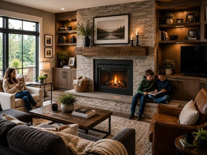 Fireplace changes featuring a modern fireplace insert, built-in shelving, updated mantel, and a cozy family living room designed for daily comfort.