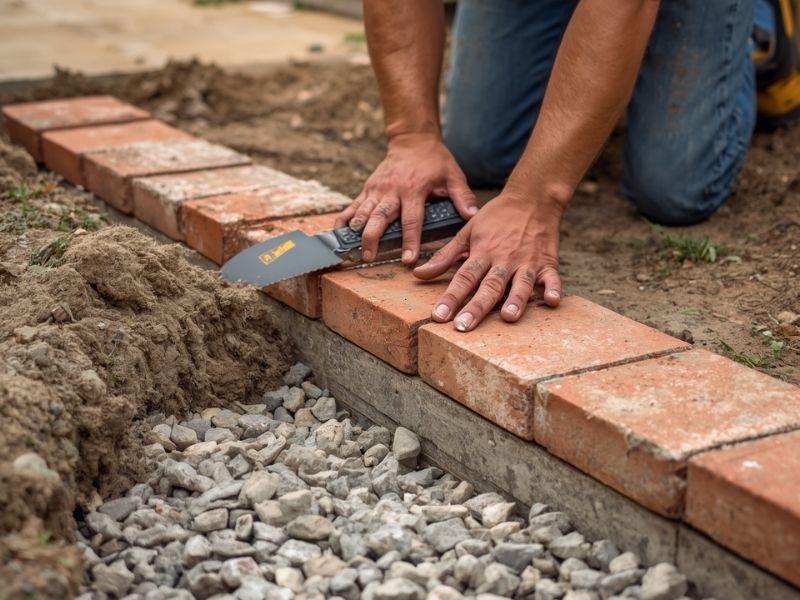 Mason installing a brick walkway in Fort Worth, Texas with a properly prepared gravel base to prevent shifting