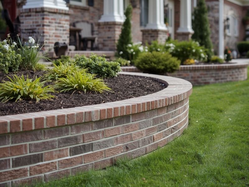 Decorative brick planter wall adding structure and curb appeal to a Fort Worth front yard landscape