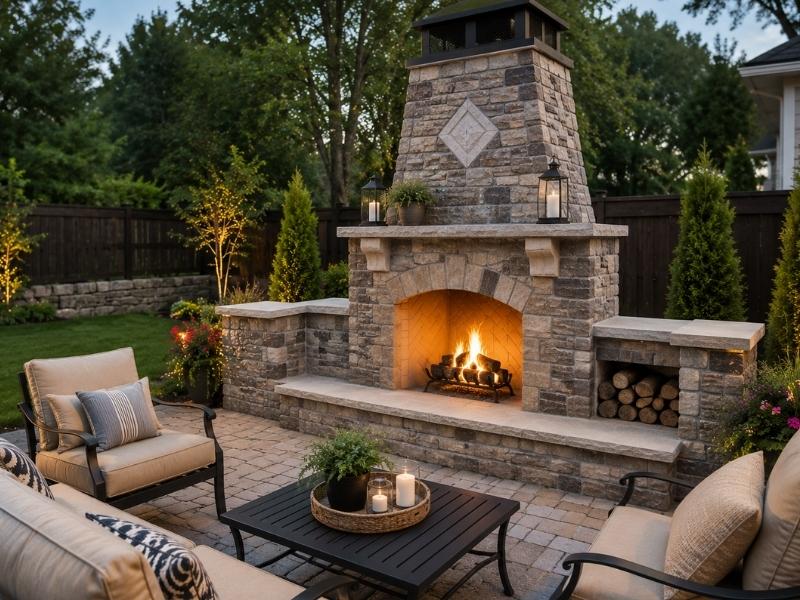 Custom outdoor stone fireplace with built-in seating area and paved patio in a landscaped backyard in Fort Worth, TX.