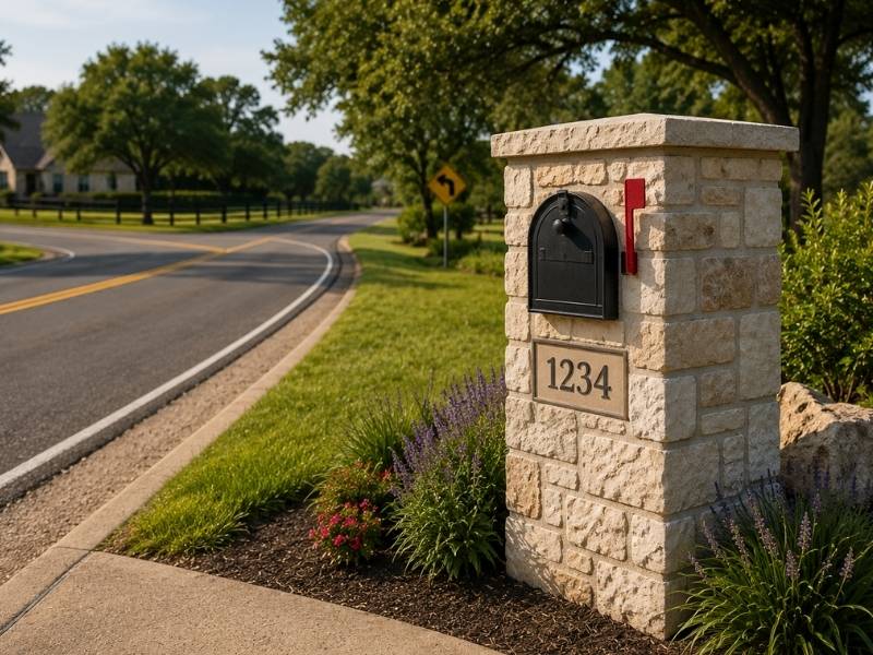 Stone mailbox installed with proper setback from the roadway, clear sight lines, and accessible placement along a residential street in Fort Worth, TX.