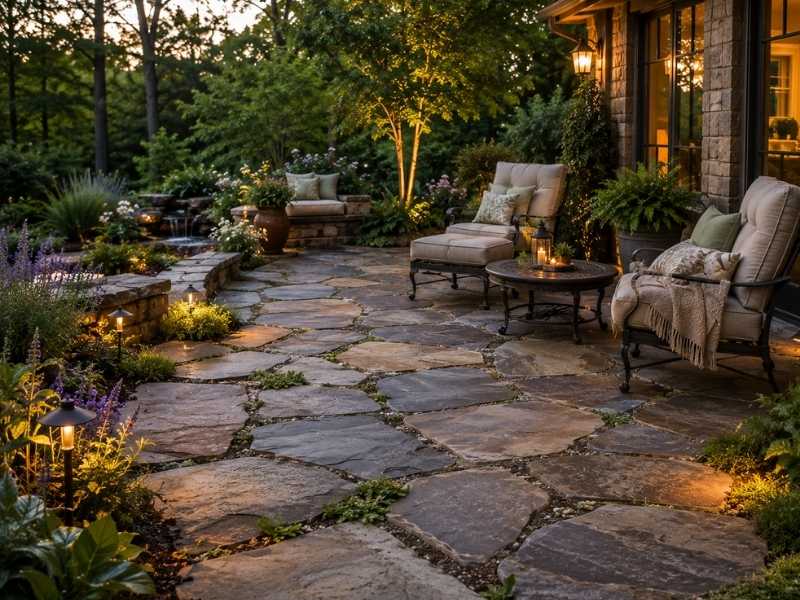 Stone patio ideas featuring a natural flagstone patio with cozy seating, garden landscaping, soft lighting, and a peaceful outdoor retreat.
