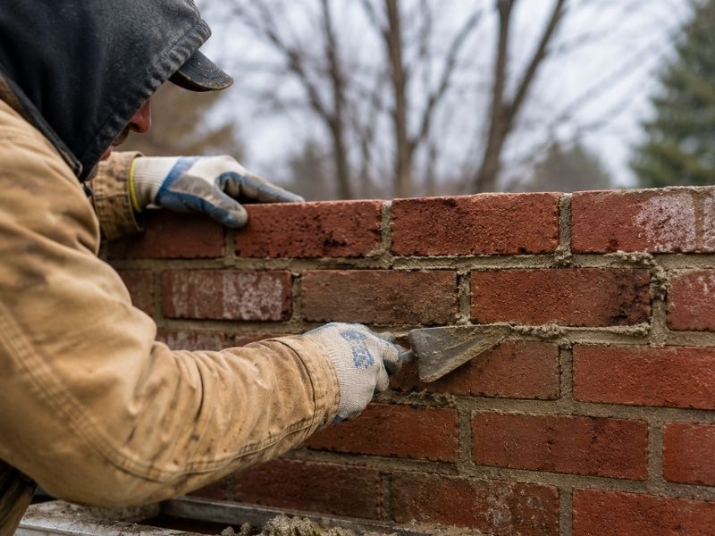 Mason repairing mortar joints on an exterior brick wall during cool weather conditions in Fort Worth, TX.