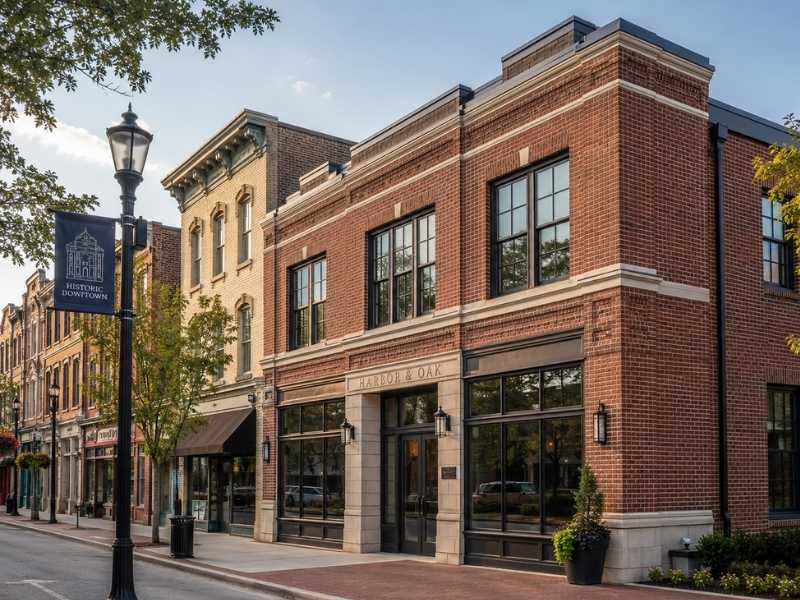 Brick masonry details helping a new commercial building complement an established historic streetscape
