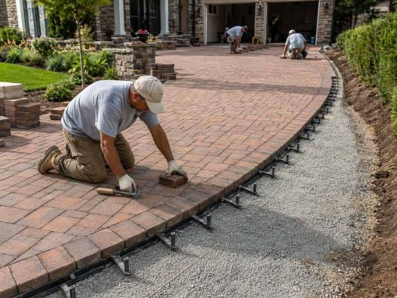 Brick pavers for driveways showing anchored edge restraint along a curved driveway before vehicle traffic begins