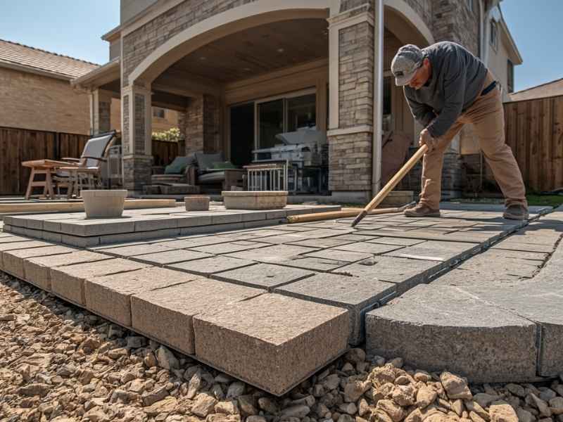 Masonry contractor installing stone pavers over a prepared gravel base for a residential patio in Fort Worth, Texas.