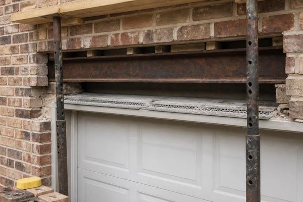 Rusted steel lintel exposed during brick repair above a residential garage door in Fort Worth, Texas.
