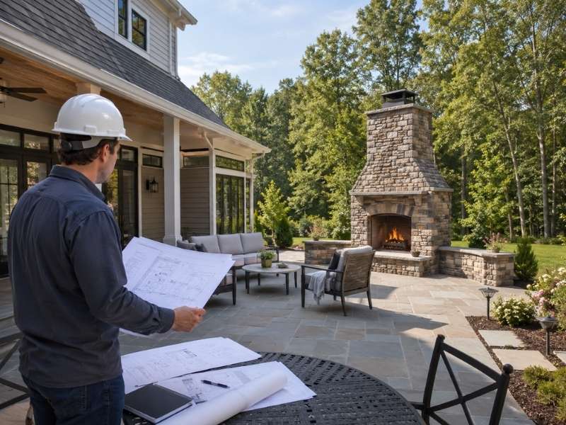Outdoor fireplace designs reviewed on a residential patio before permit approval
