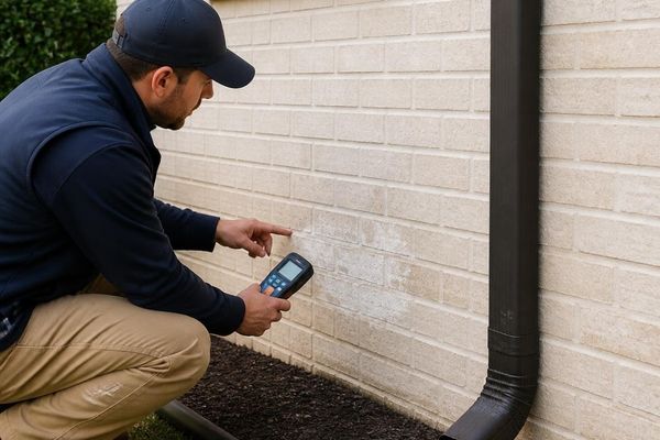 Mason checking white moisture stains on a painted brick exterior wall in Fort Worth, Texas.