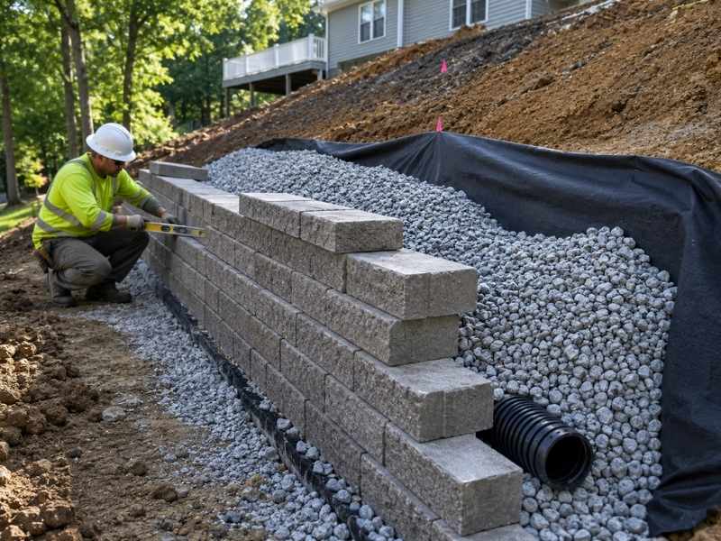 Retaining wall planning with gravel backfill, geotextile, and a perforated drain on a residential slope
