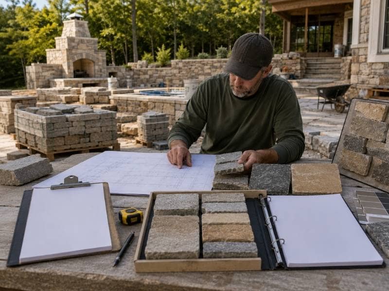Stone mason material planning showing stone samples, project plans, and matching pallets prepared before installation
