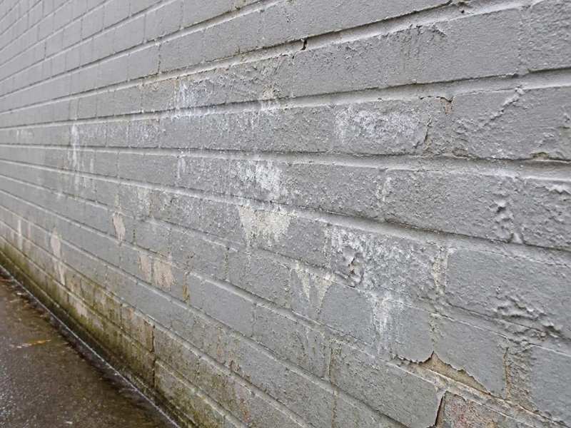 White moisture stains and peeling paint on an exterior brick wall in Fort Worth, Texas.