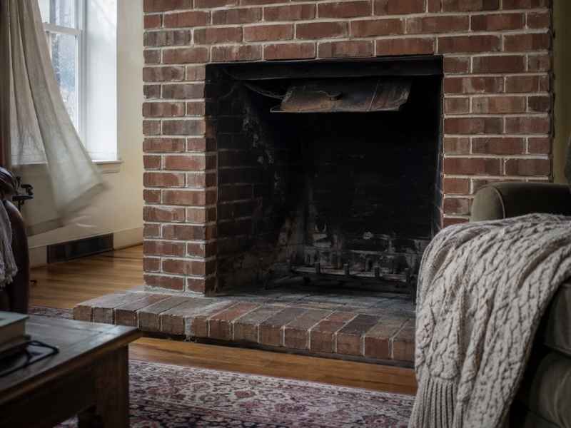 Older brick fireplace with a partially open metal damper in a Fort Worth home