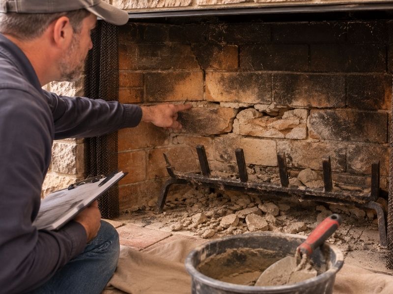 Fireplace repair for crumbling mortar inside an aging brick firebox in Tarrant County, Texas
