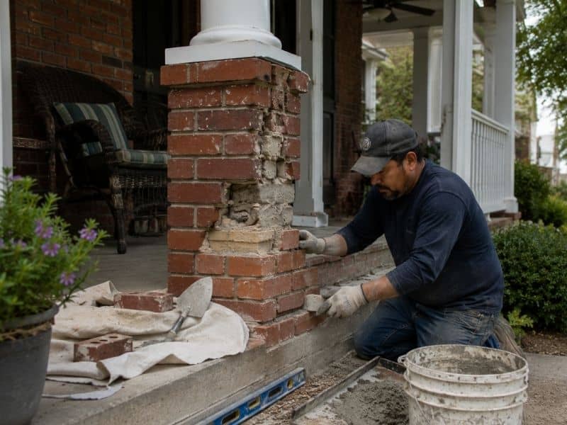 Brick mason rebuilding a damaged brick column on a traditional porch in Fort Worth, Texas.

