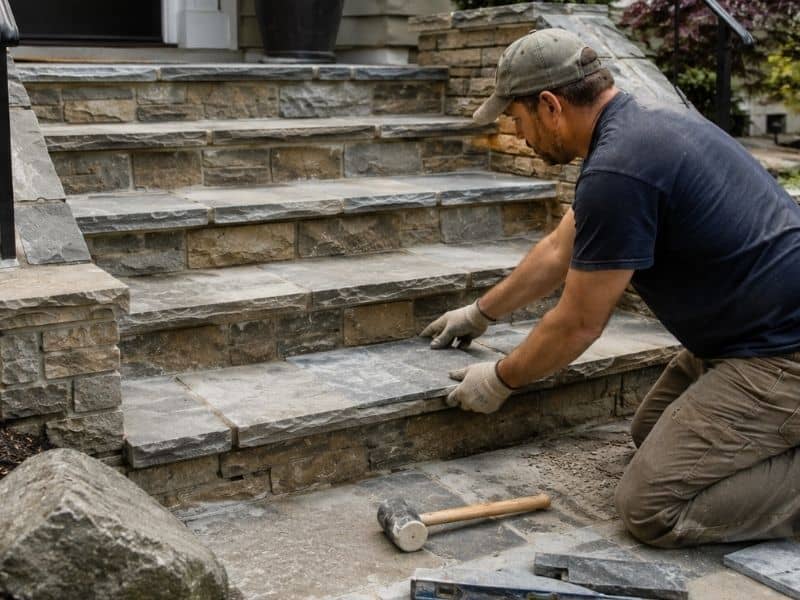 Stone mason installing stone steps at a sloped residential entrance in Fort Worth, Texas.