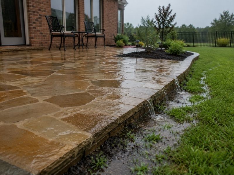 Stone patio drainage keeps heavy rain away from the foundation fort worth tx - Fort Worth Brick & Stone Stone patio in Fort Worth, TX with proper drainage, grading, and runoff control directing heavy rain away from the home's foundation.