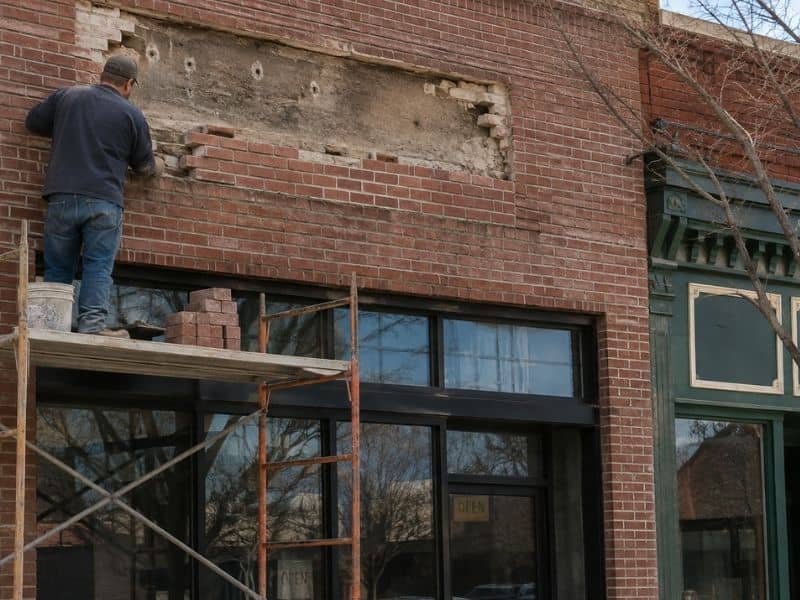 Brick masonry patching around a former commercial sign opening on an older Fort Worth retail building.