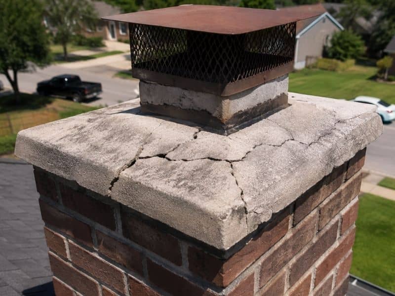 Cracked crown on a brick chimney showing weather damage and fractures on a Fort Worth home