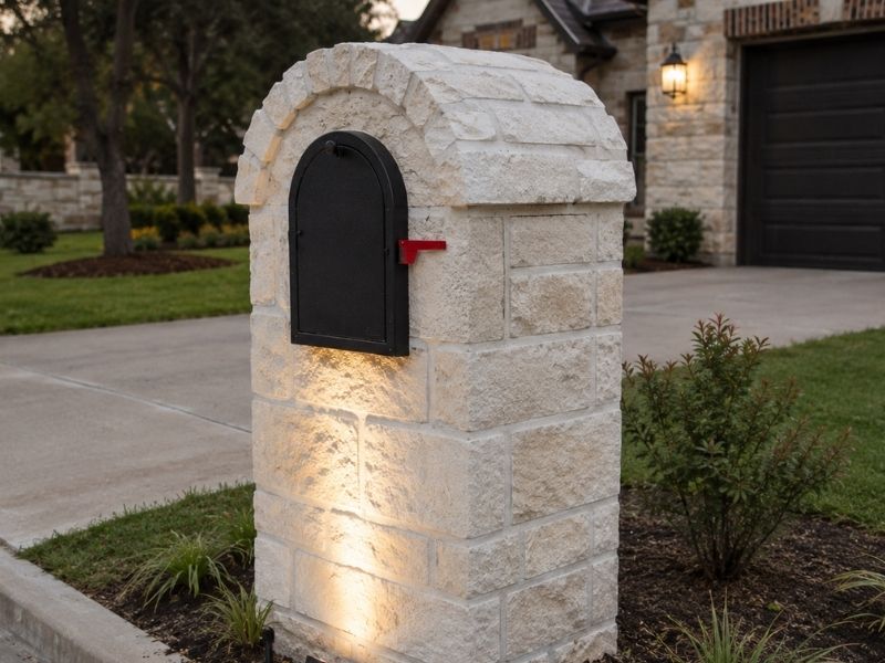 Masonry mailbox with landscape lighting beside a driveway entrance in Fort Worth, Texas