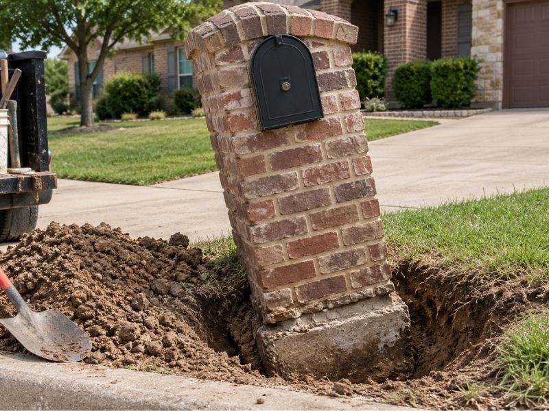 Leaning brick masonry mailbox with an exposed footing undergoing mailbox repair below grade in Fort Worth, TX.