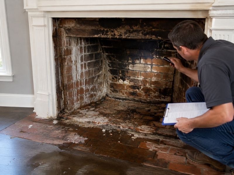 Water-damaged brick fireplace undergoing a professional inspection in Fort Worth, TX.