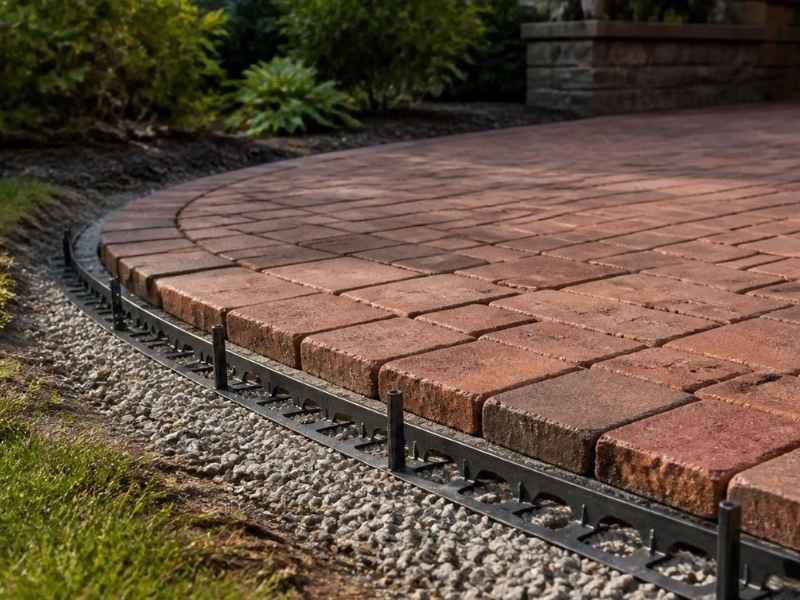 Brick patio pavers secured by edge restraint on a compacted base in Fort Worth, Texas.