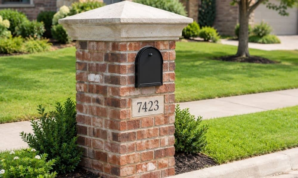 Brick residential mailbox with an overhanging stone cap designed to shed rainwater and limit water entry
